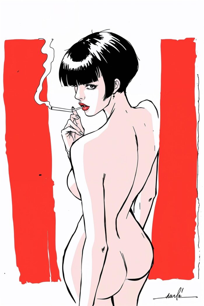 Crimson Gaze – Bold Minimalist Woman with Cigarette Poster picture