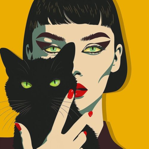 Feline Gaze – Modern Pop Art Woman with Black Cat Poster picture