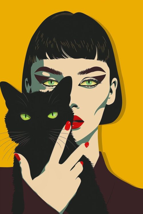 Feline Gaze – Modern Pop Art Woman with Black Cat Poster picture