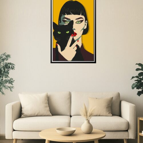 Feline Gaze – Modern Pop Art Woman with Black Cat Poster picture