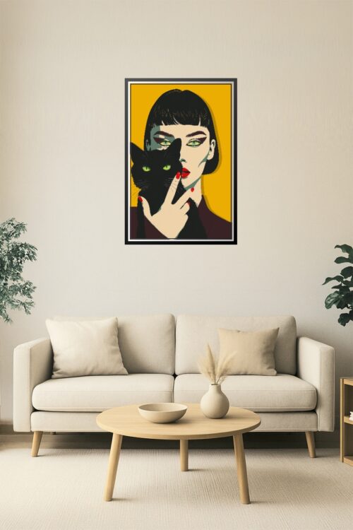 Feline Gaze – Modern Pop Art Woman with Black Cat Poster picture