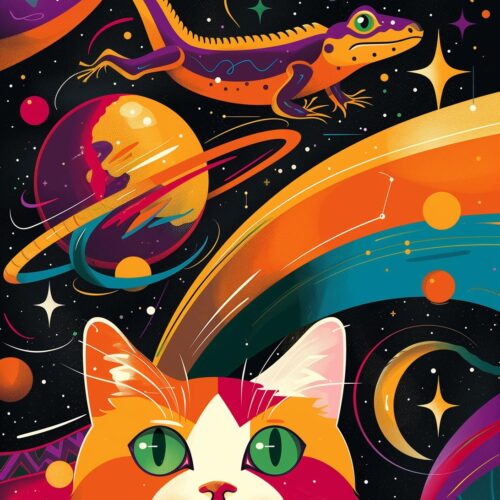 Cosmic Companions – Space Cat and Lizard Poster picture