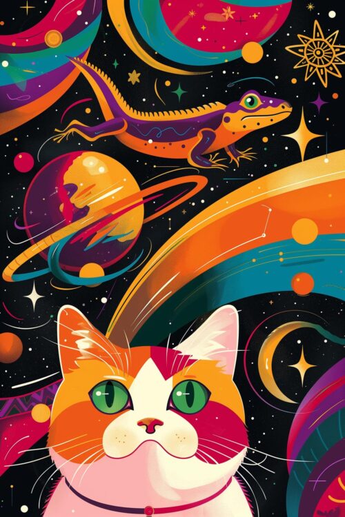 Cosmic Companions – Space Cat and Lizard Poster picture