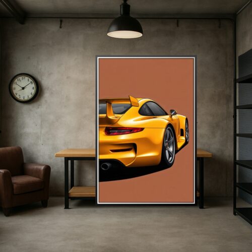 Golden Precision – Porsche 911 Rear View Illustration Poster picture