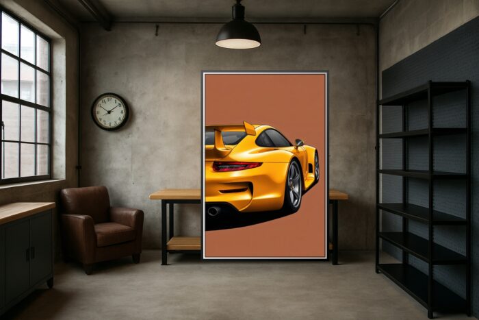 Golden Precision – Porsche 911 Rear View Illustration Poster picture