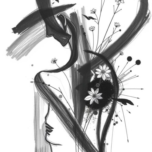 Abstract Minimalist Ink Art Poster – Feminine Silhouette with Floral Accents picture
