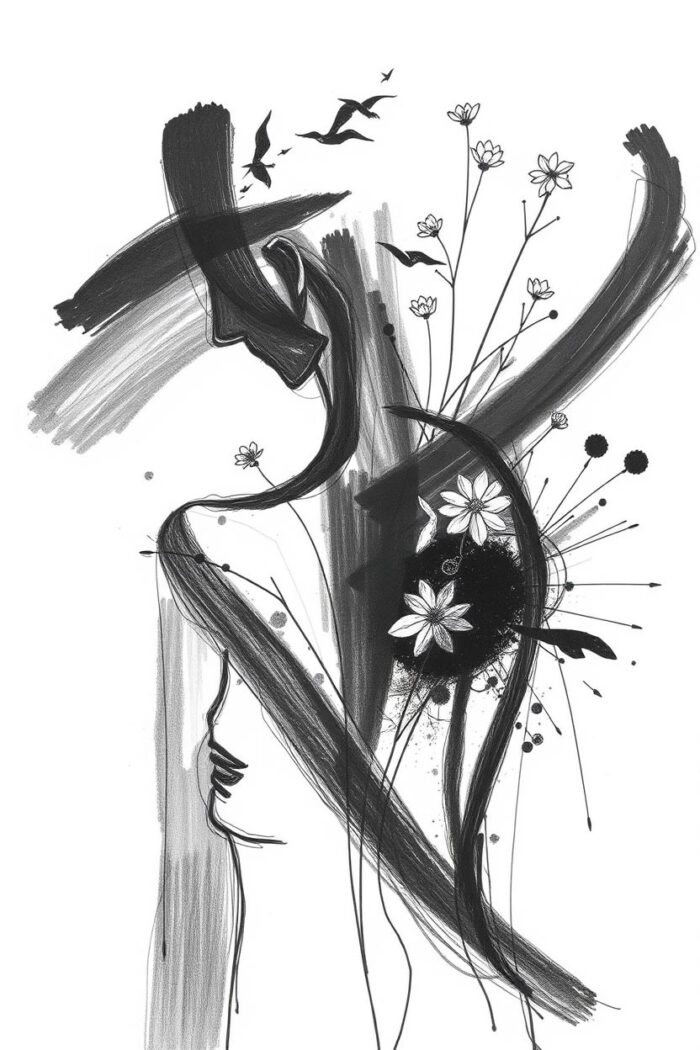Abstract Minimalist Ink Art Poster – Feminine Silhouette with Floral Accents picture