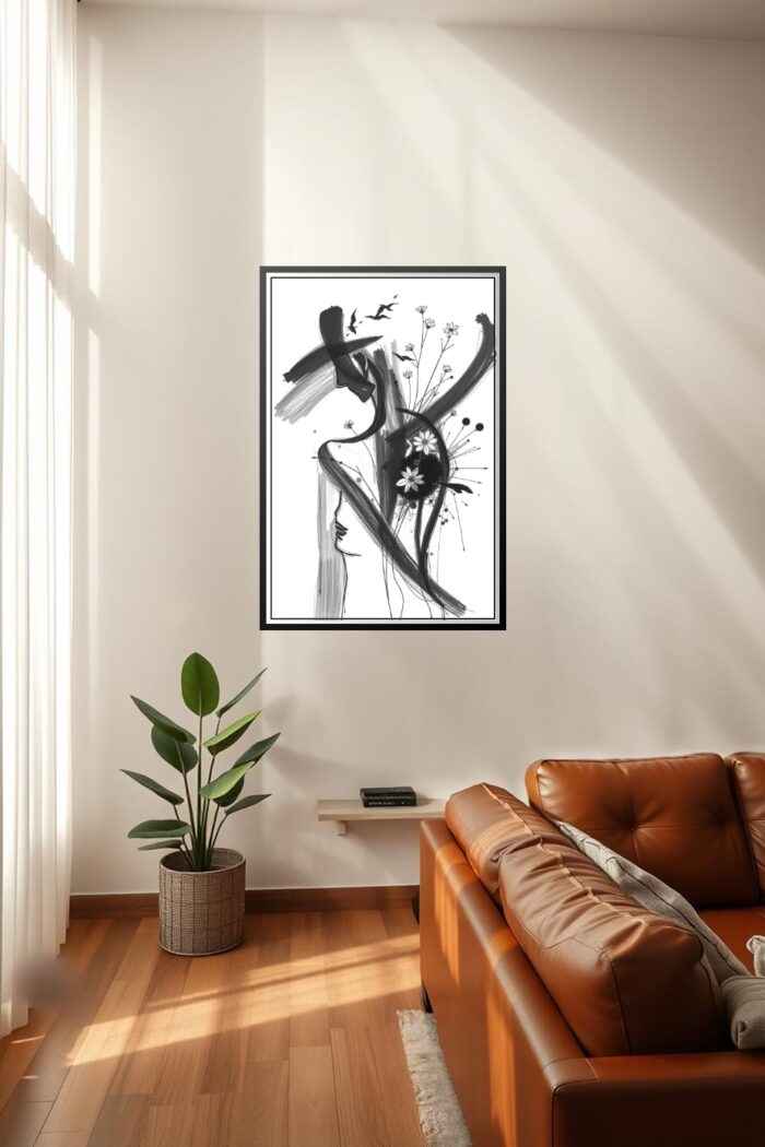 Abstract Minimalist Ink Art Poster – Feminine Silhouette with Floral Accents picture