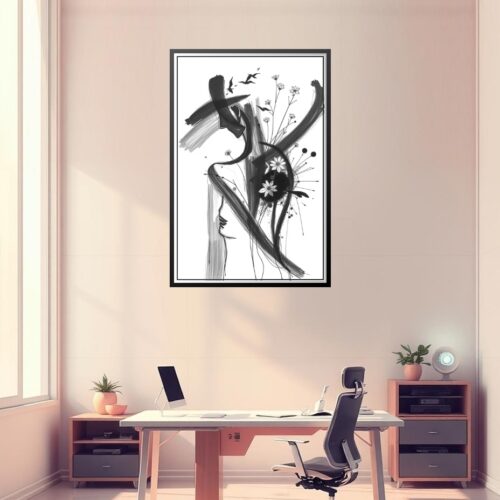 Abstract Minimalist Ink Art Poster – Feminine Silhouette with Floral Accents picture