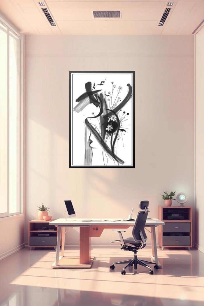 Abstract Minimalist Ink Art Poster – Feminine Silhouette with Floral Accents picture