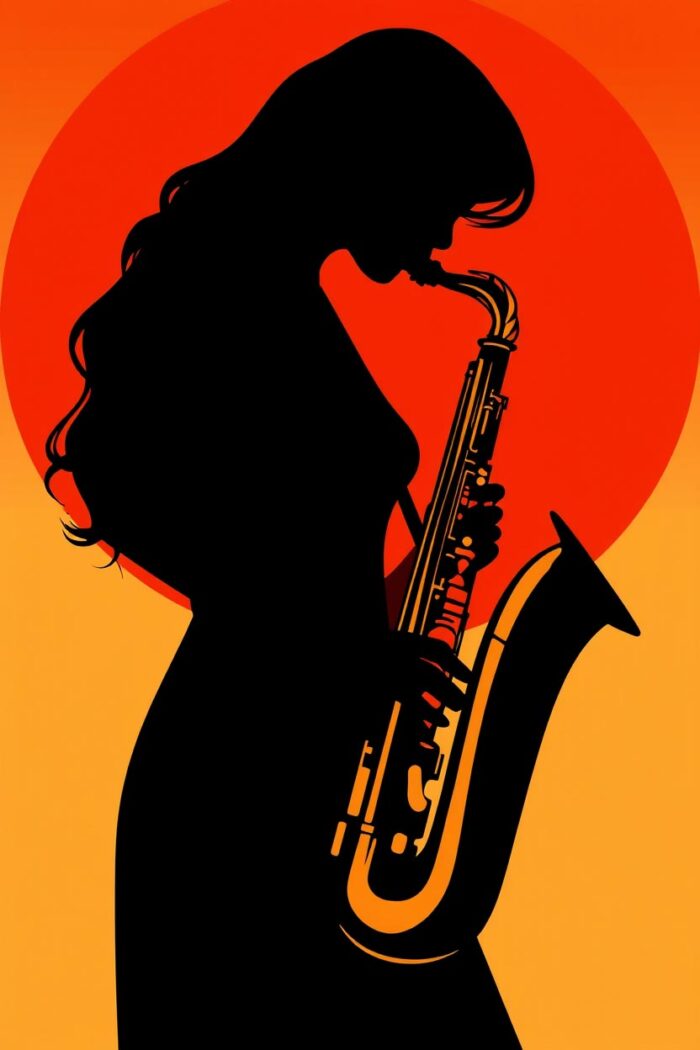Modern Retro Saxophone Woman Poster – Minimalist Jazz Vector Art Print picture