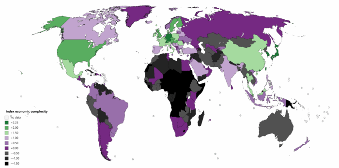 48x24in Poster Index complexity map. how difficult it is for a nation to produce the products it sells to other countries