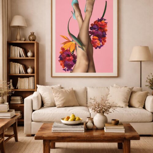 Stylish feminine wall art with pink background and floral accents displayed in modern home decor scene
