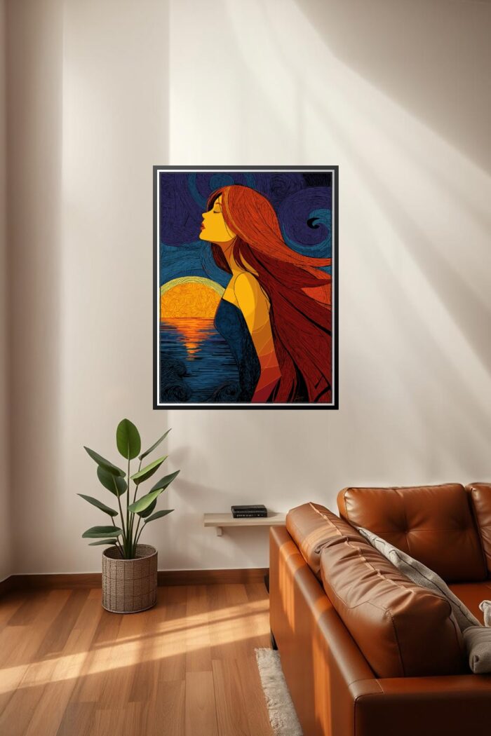 Modern Pop Art Sunset Woman Poster – Vibrant Ocean Wall Decor picture
