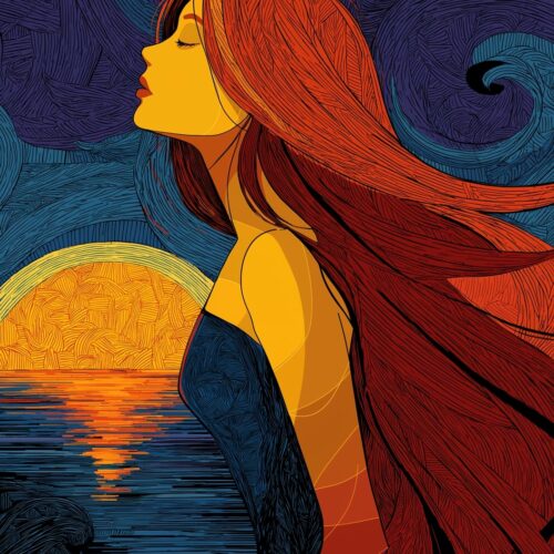 Modern Pop Art Sunset Woman Poster – Vibrant Ocean Wall Decor picture