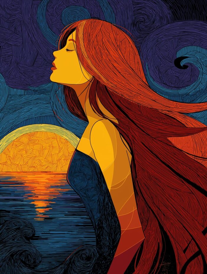 Modern Pop Art Sunset Woman Poster – Vibrant Ocean Wall Decor picture