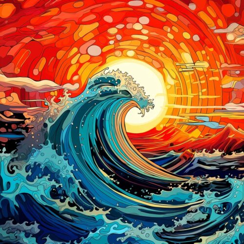 Psychedelic Ocean Wave Poster – Vibrant Sunset Art Style picture