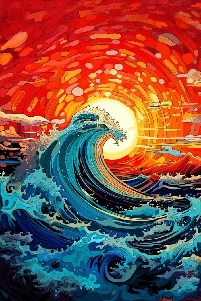 Psychedelic Ocean Wave Poster – Vibrant Sunset Art Style picture