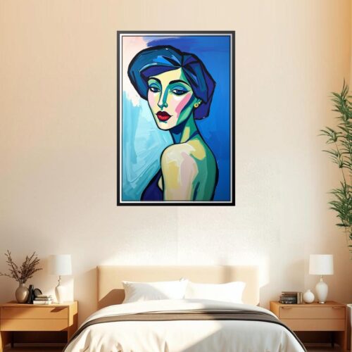 Pop Art Female Portrait Poster – Abstract Expression in Blue Tones picture