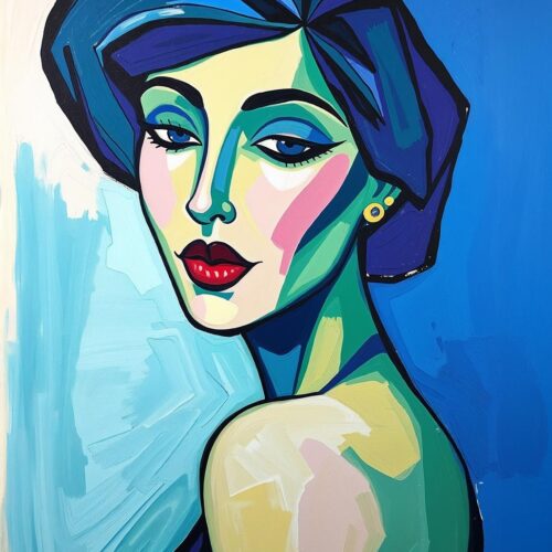 Pop Art Female Portrait Poster – Abstract Expression in Blue Tones picture