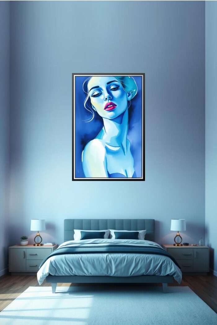 Abstract Pop Art Female Portrait Poster – Blue Expression with Bold Contrast picture