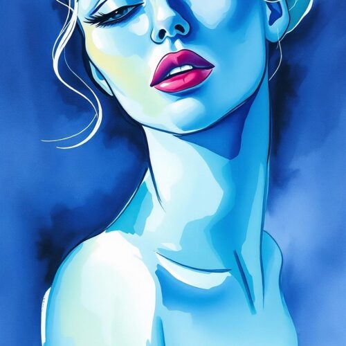 Abstract Pop Art Female Portrait Poster – Blue Expression with Bold Contrast picture