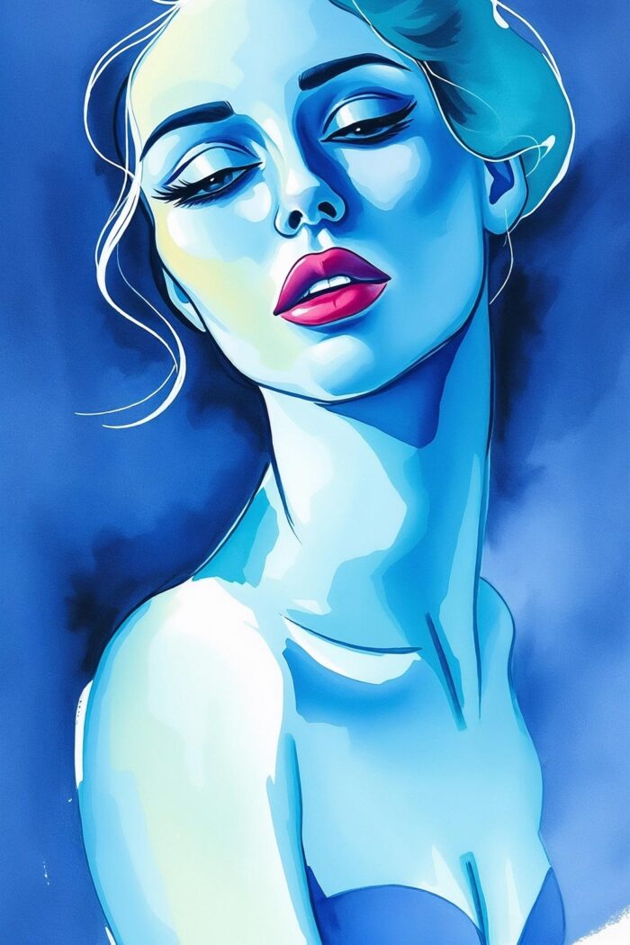 Abstract Pop Art Female Portrait Poster – Blue Expression with Bold Contrast picture