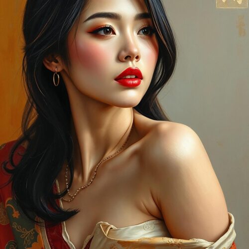 Realism Style Oriental Female Portrait Poster – Elegant and Expressive Art picture
