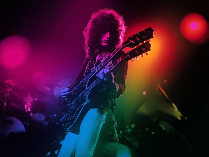 Jimmy Page Psychedelic Rock Poster – Neon Stage Lights Music Art picture