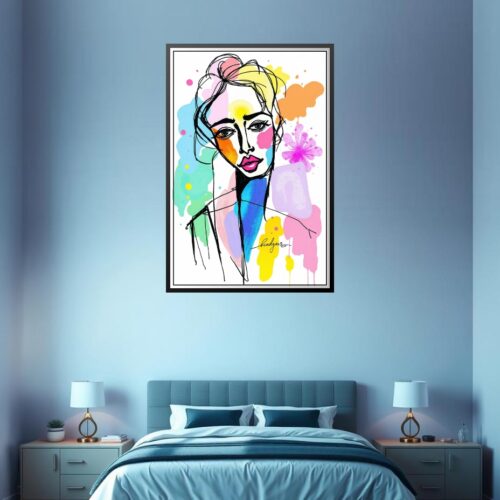 Abstract Watercolor Line Art Female Portrait Poster – Color Splash Expression picture