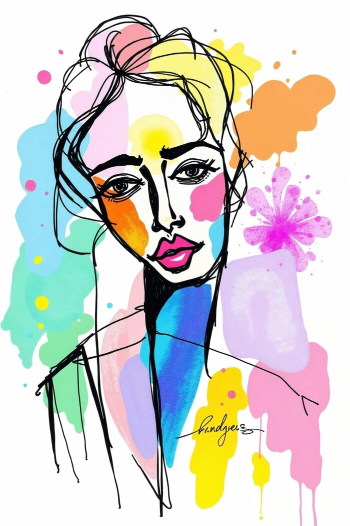 Abstract Watercolor Line Art Female Portrait Poster – Color Splash Expression picture