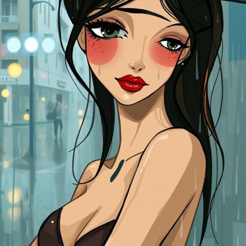 Anime Female Portrait Poster – Rainy City Night Romantic Art picture