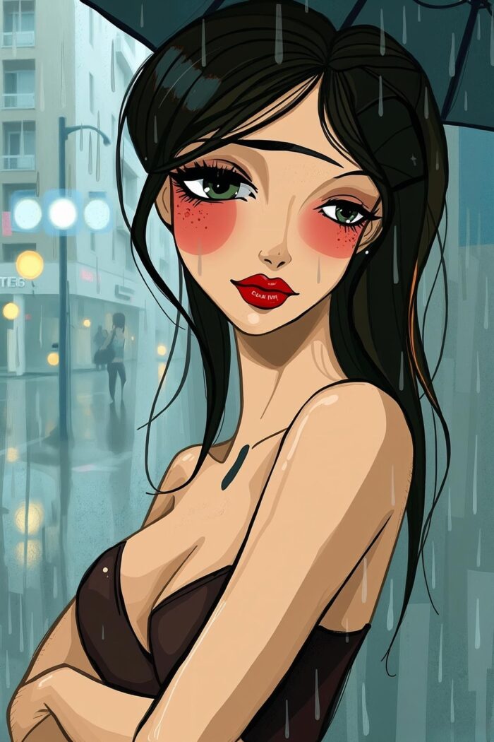 Anime Female Portrait Poster – Rainy City Night Romantic Art picture