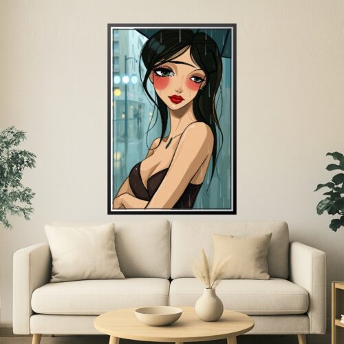 Anime Female Portrait Poster – Rainy City Night Romantic Art picture