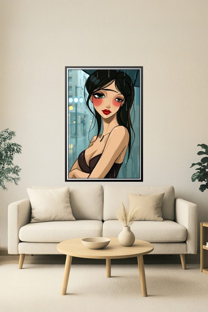 Anime Female Portrait Poster – Rainy City Night Romantic Art picture