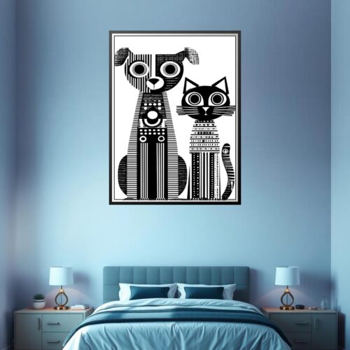 Modern Pop Art Dog and Cat Poster – Black & White Geometric Design picture