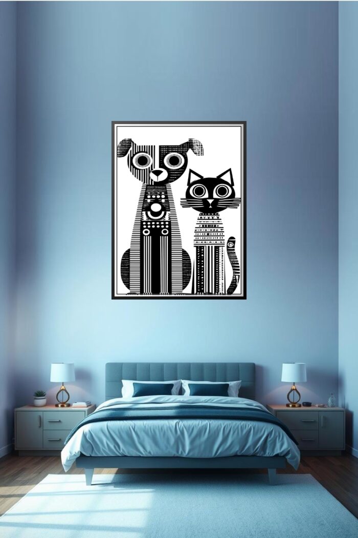 Modern Pop Art Dog and Cat Poster – Black & White Geometric Design picture