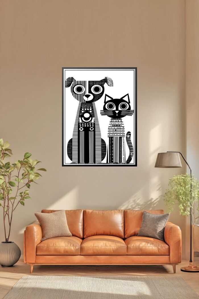 Modern Pop Art Dog and Cat Poster – Black & White Geometric Design picture