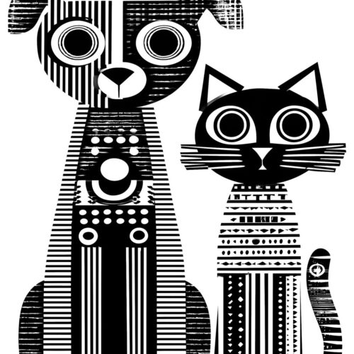 Modern Pop Art Dog and Cat Poster – Black & White Geometric Design picture
