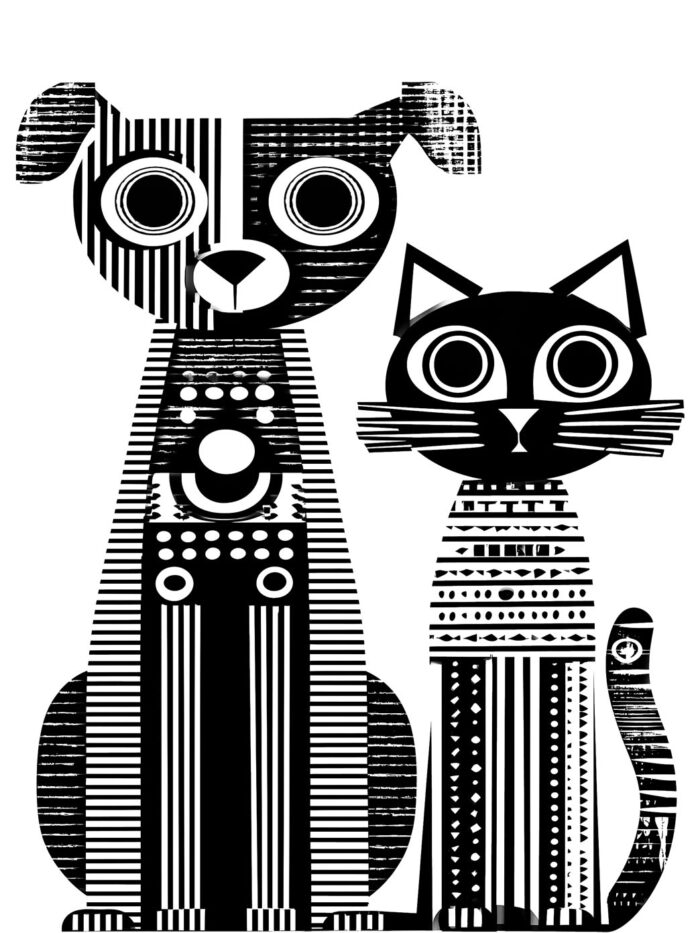 Modern Pop Art Dog and Cat Poster – Black & White Geometric Design picture