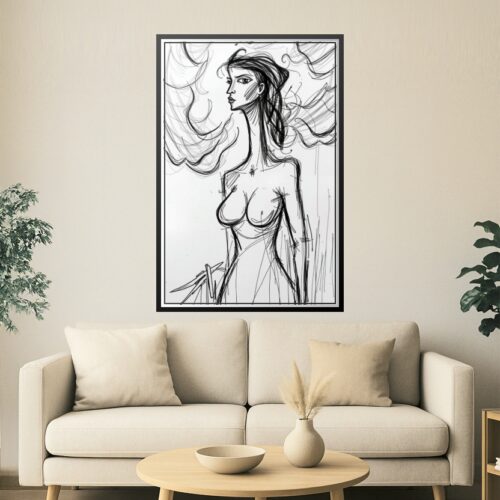 Abstract Expressionist Female Figure Poster – Black Ink Line Art picture