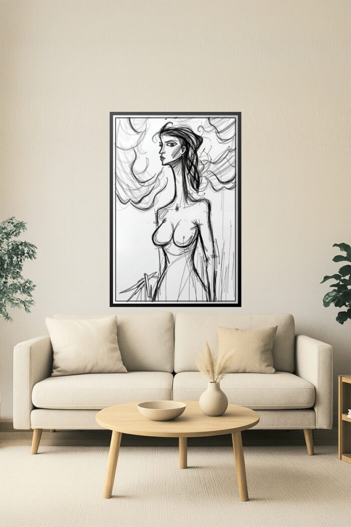 Abstract Expressionist Female Figure Poster – Black Ink Line Art picture