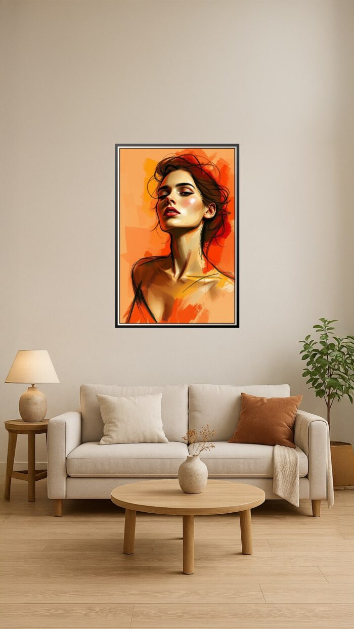 Contemporary Portrait Poster – Elegant Woman in Vibrant Orange Expressionist Style picture