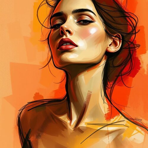 Contemporary Portrait Poster – Elegant Woman in Vibrant Orange Expressionist Style picture
