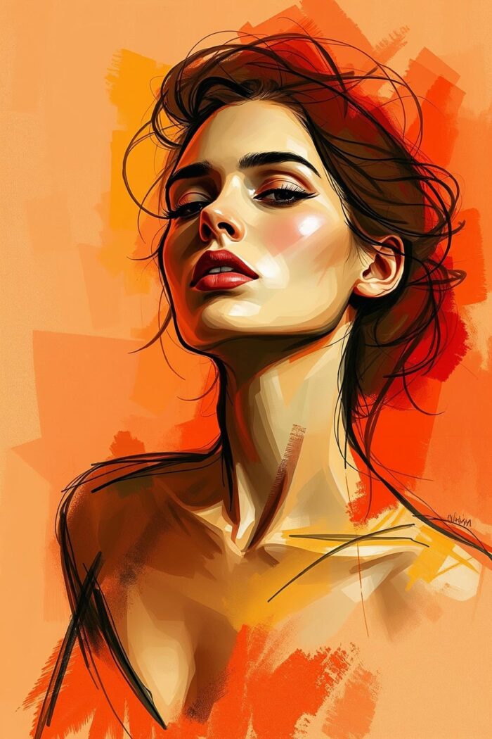 Contemporary Portrait Poster – Elegant Woman in Vibrant Orange Expressionist Style picture