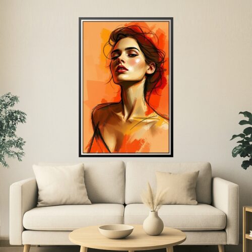 Contemporary Portrait Poster – Elegant Woman in Vibrant Orange Expressionist Style picture