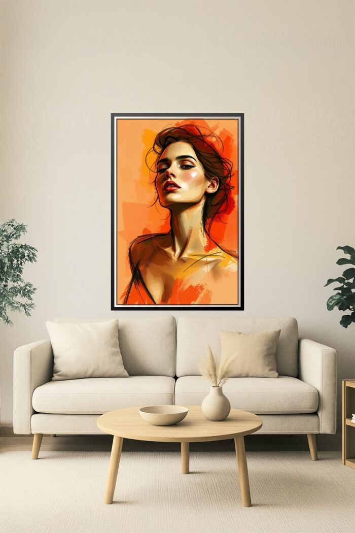 Contemporary Portrait Poster – Elegant Woman in Vibrant Orange Expressionist Style picture