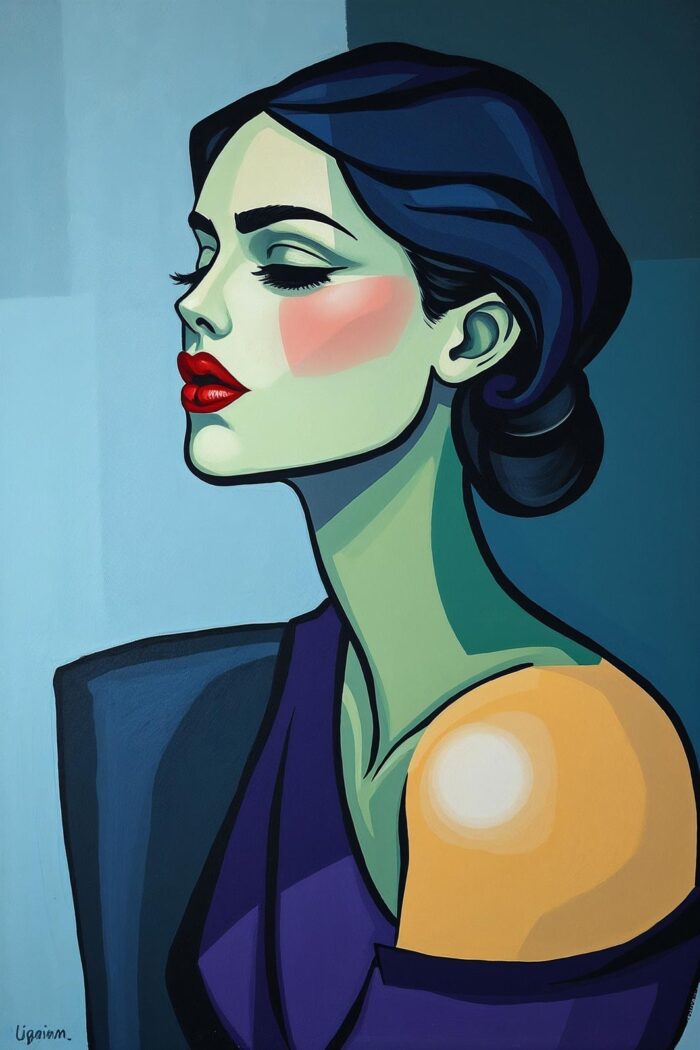 Modern Cubist Pop Art Portrait Poster – Elegant Woman with Bold Colors picture