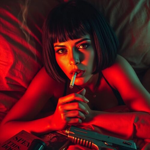 Pulp Fiction Inspired Noir Poster – Femme Fatale with Cigarette and Gun picture