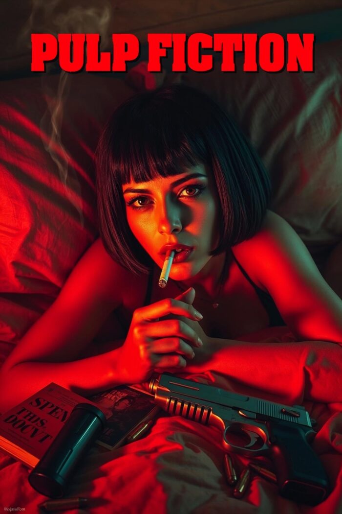 Pulp Fiction Inspired Noir Poster – Femme Fatale with Cigarette and Gun picture